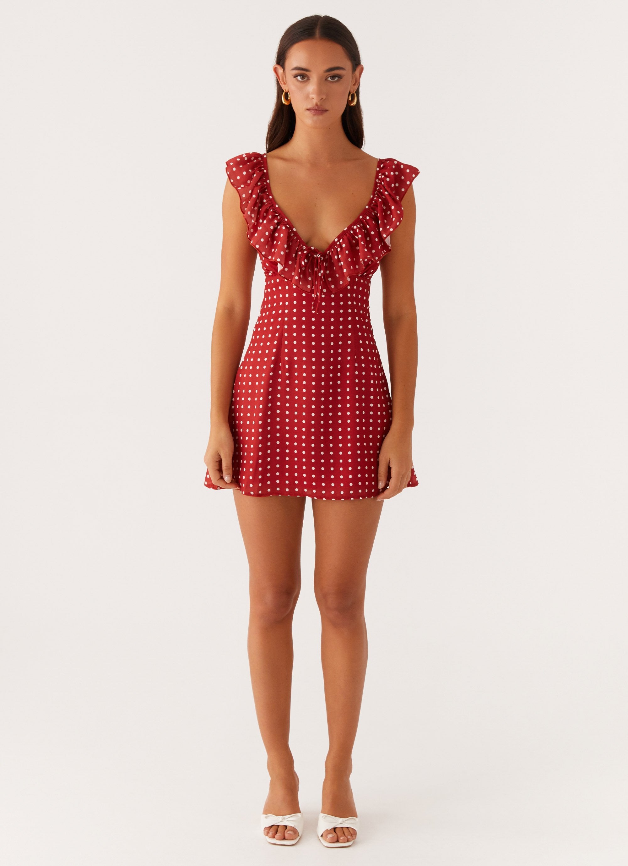 Adrina Ruffle Mini Dress - Red Polka Dot Peppermayo UK Adrina Ruffle Mini Dress - Red Polka Dot Peppermayo UK