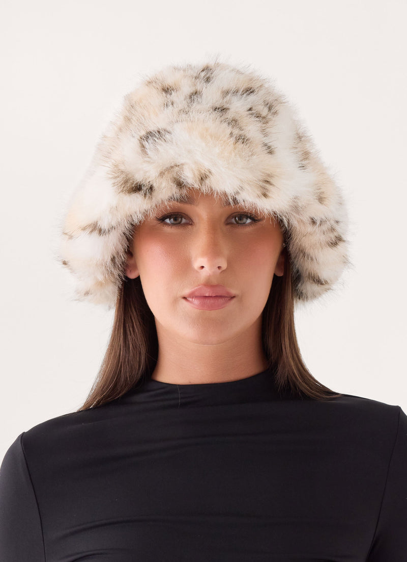 Alpine Leopard Faux Fur Hat - Snow leopard
