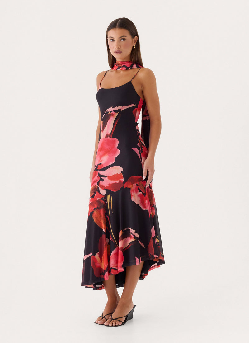 Demitra Midi Dress - Black Floral Print
