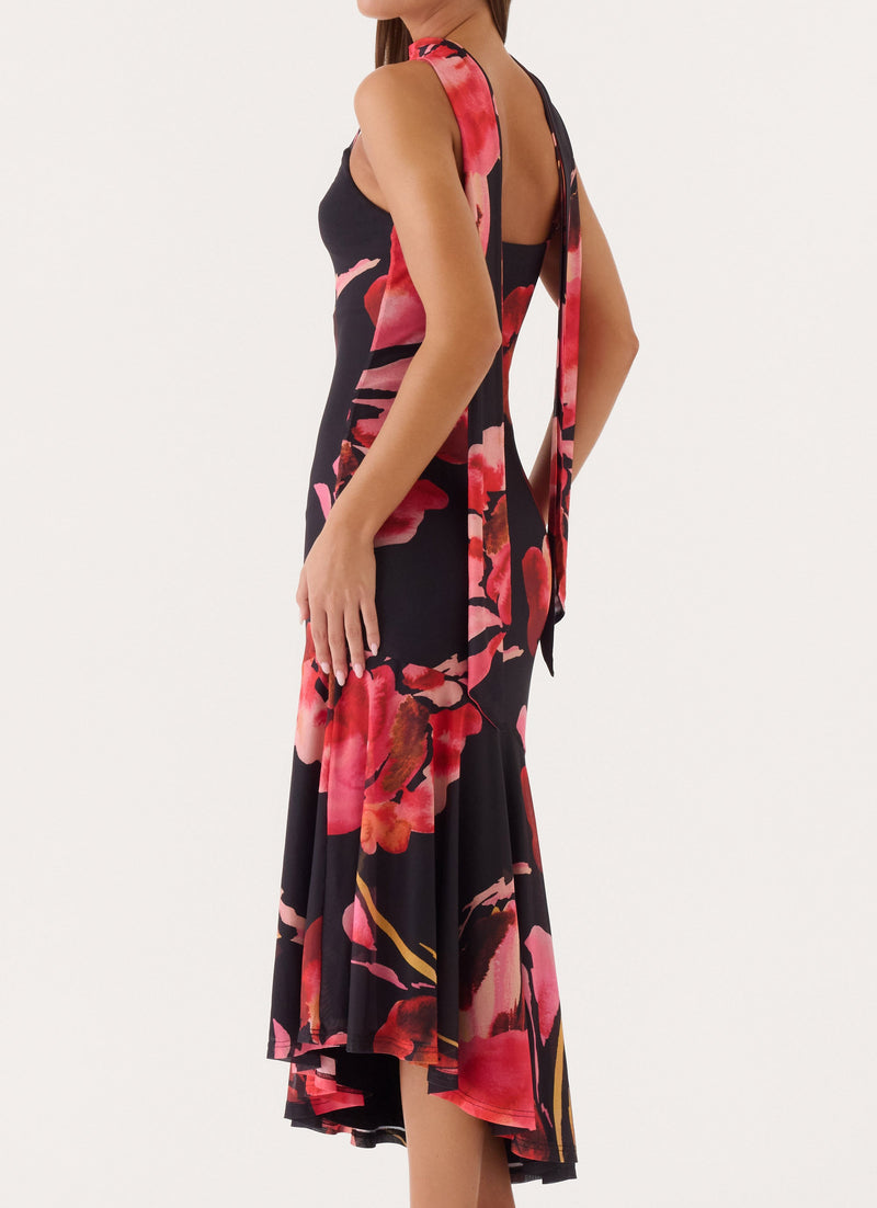 Demitra Midi Dress - Black Floral Print