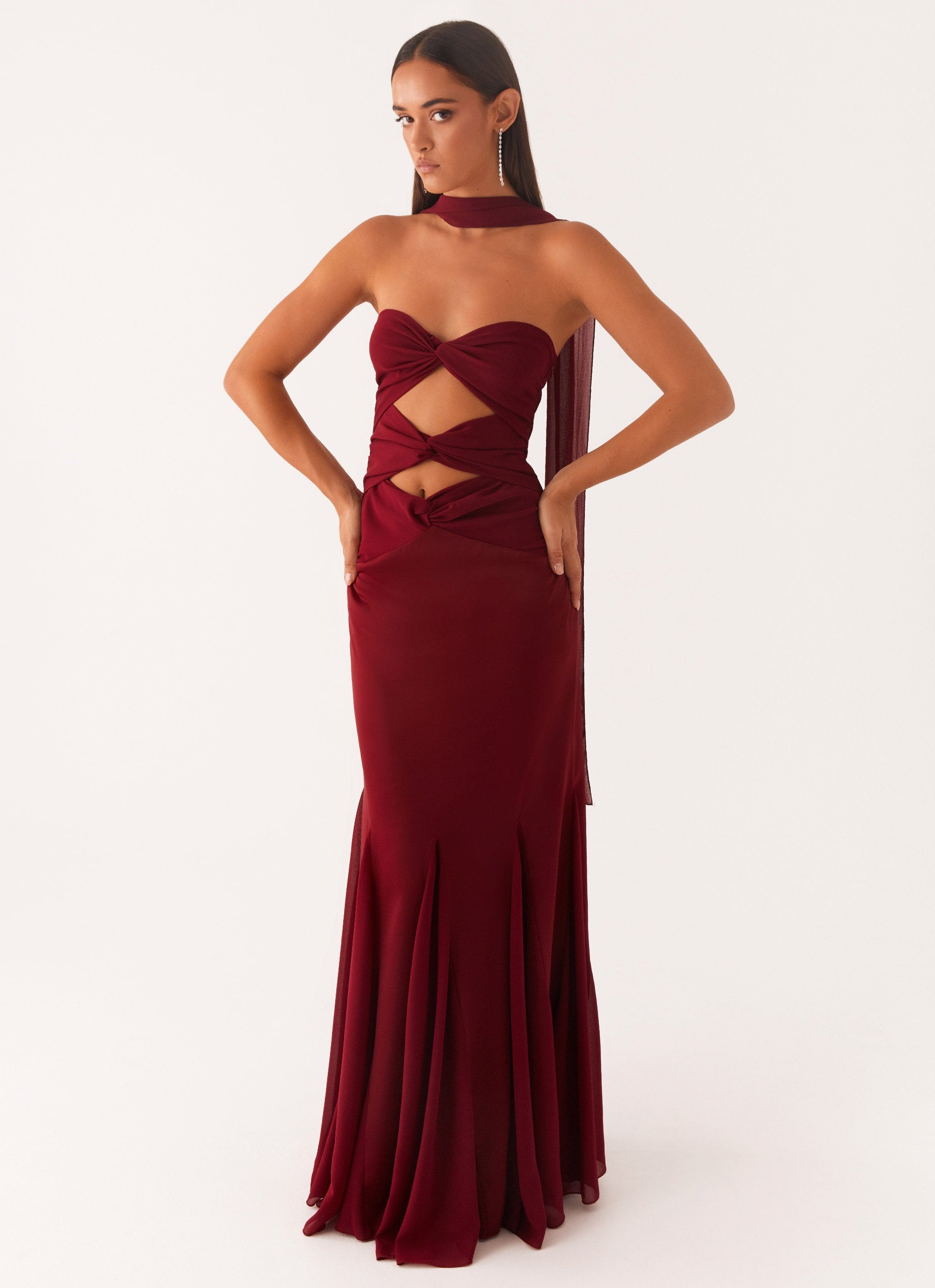 Melrose Satin Chiffon Maxi Dress - Deep Red Peppermayo UK Melrose Satin Chiffon Maxi Dress - Deep Red Peppermayo UK
