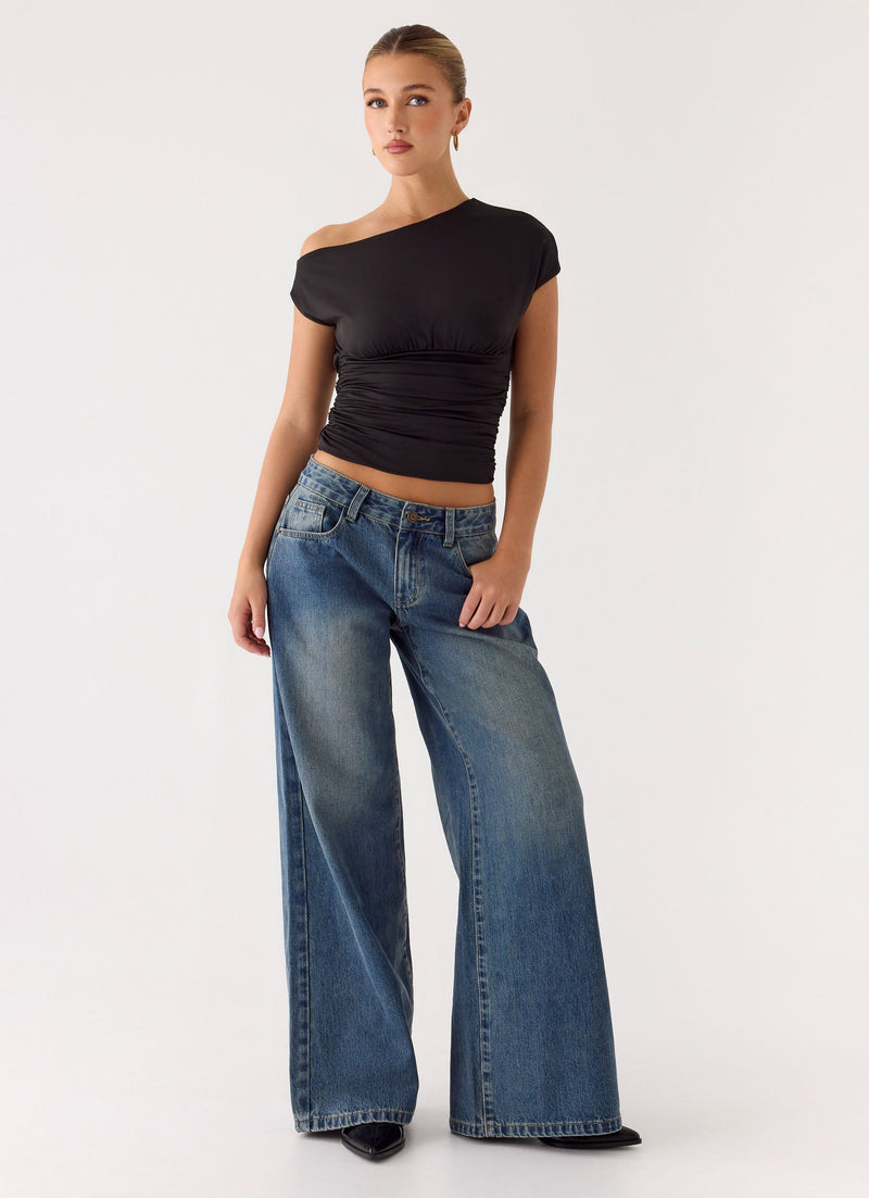 Neo Low Rise Wide Leg Denim Jeans - Vintage Blue Bleach Wash
