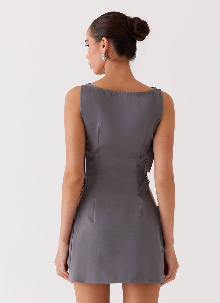 Womens Cherish You Buckle Mini Dress in the colour Charcoal in front of a light grey background