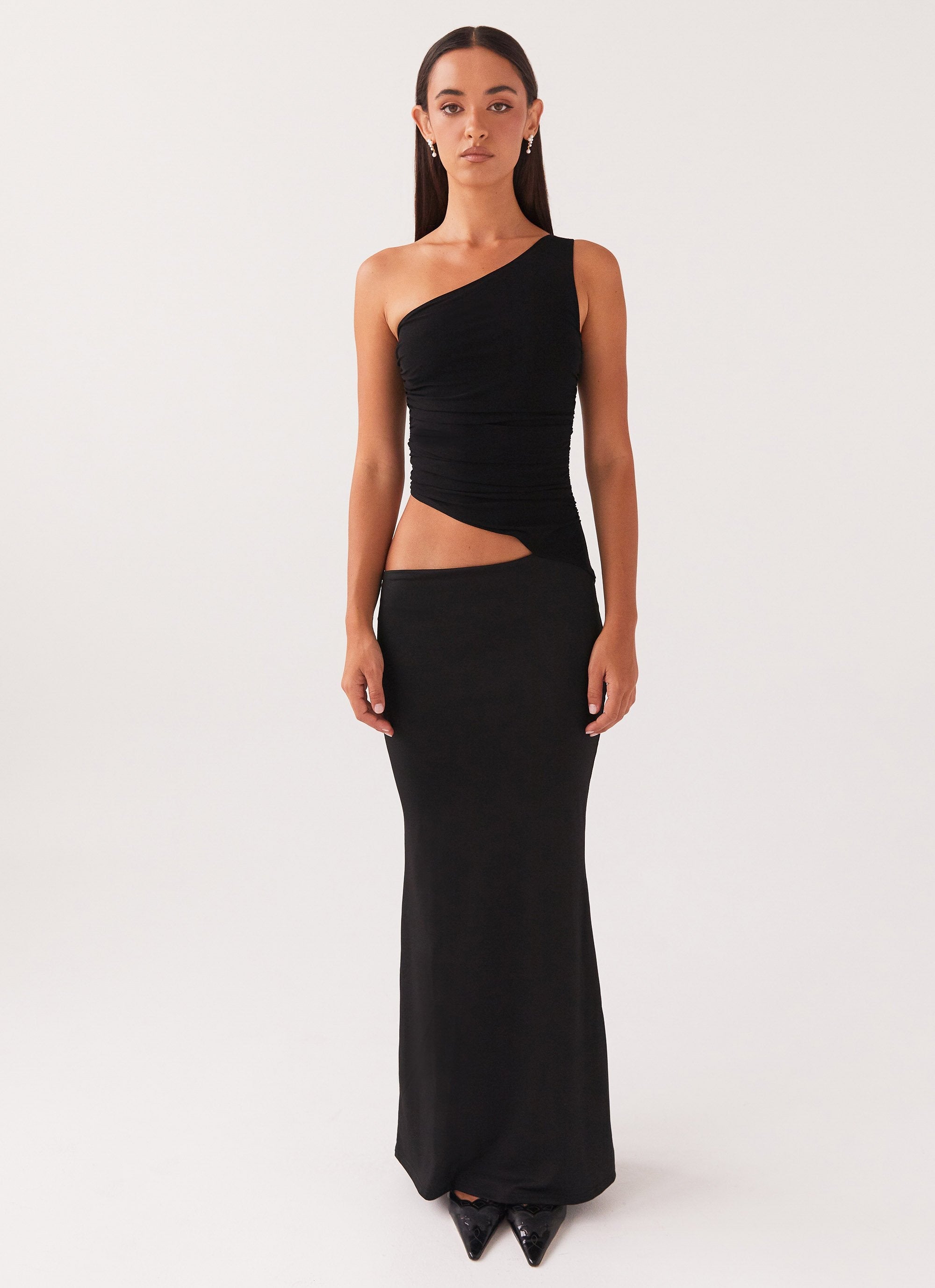 Seranella One Shoulder Maxi Dress - Black Peppermayo UK Seranella One Shoulder Maxi Dress - Black Peppermayo UK