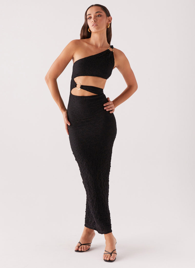 Womens Into Pieces Mesh Maxi Dress in the colour Black in front of a light grey background