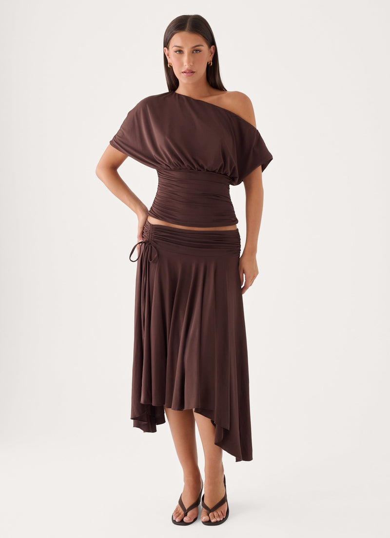 Perrie Asymmetrical Midi Skirt - Chocolate