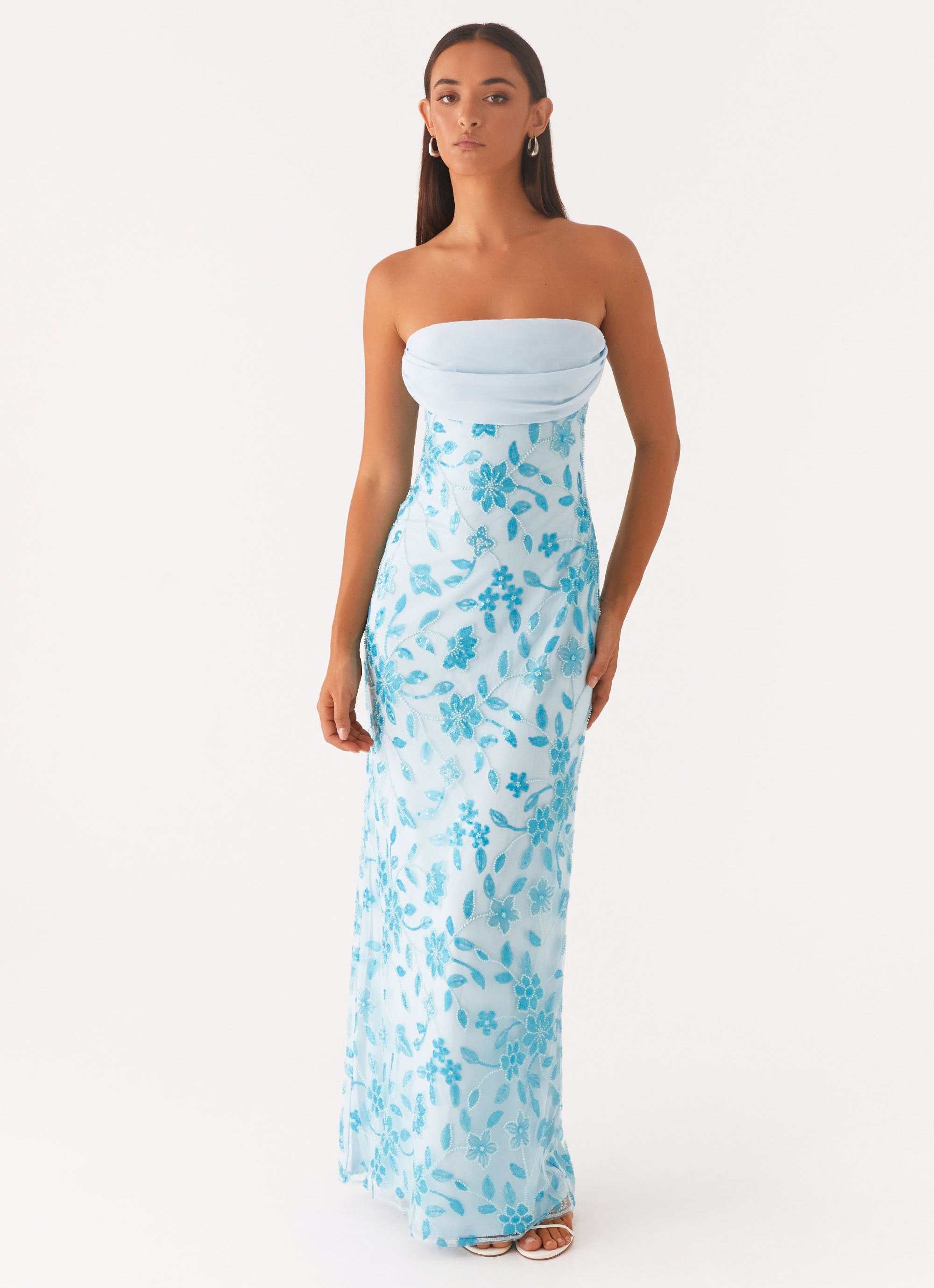 beaded maxi dress uk Elaine Chiffon Beaded Maxi Dress - Sky Blue