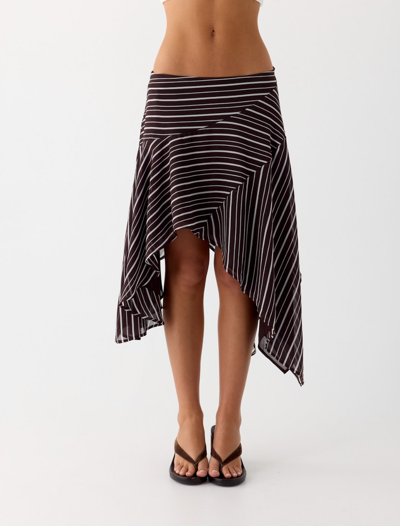 Kia Low Rise Asymmetrical Midi Skirt - Chocolate Stripe