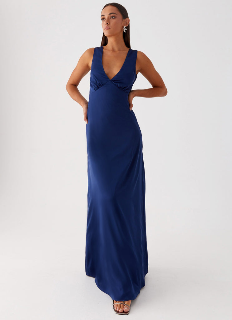 Womens Winnie Cowl Back Maxi Dress in the colour Navy in front of a light grey background