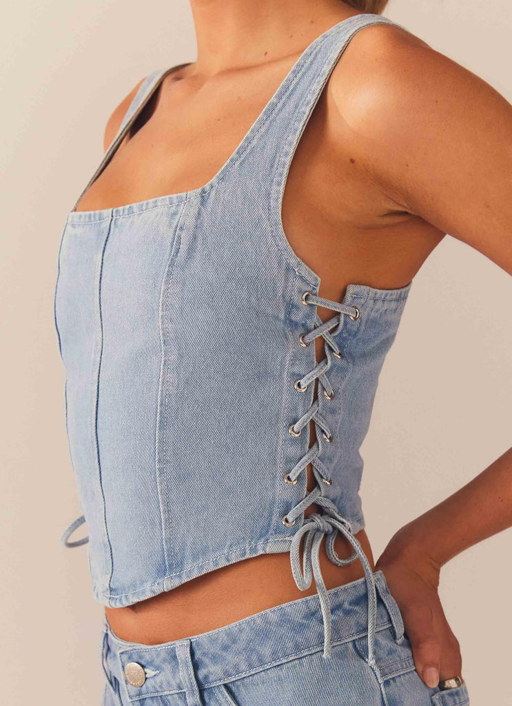 Giddy Up Denim Bustier Top - Subdued Blue - Peppermayo