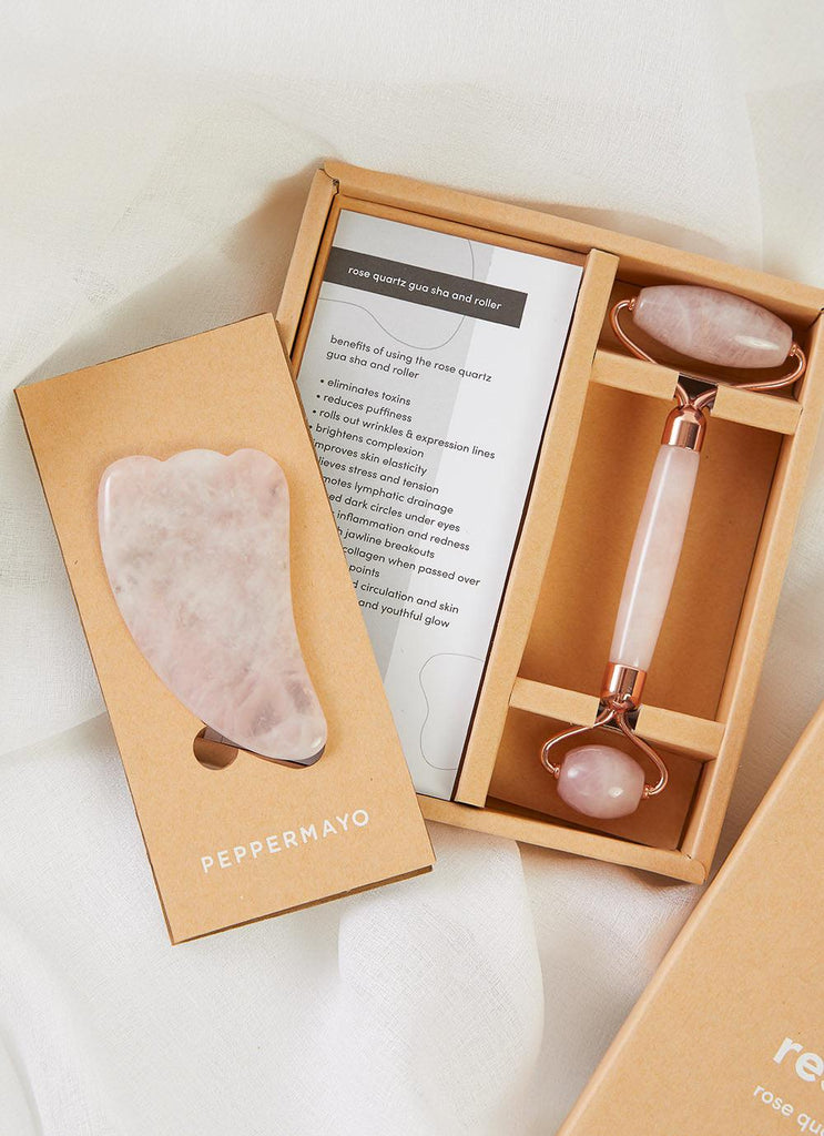 Gua Sha & Roller Set - Rose Quartz - Peppermayo