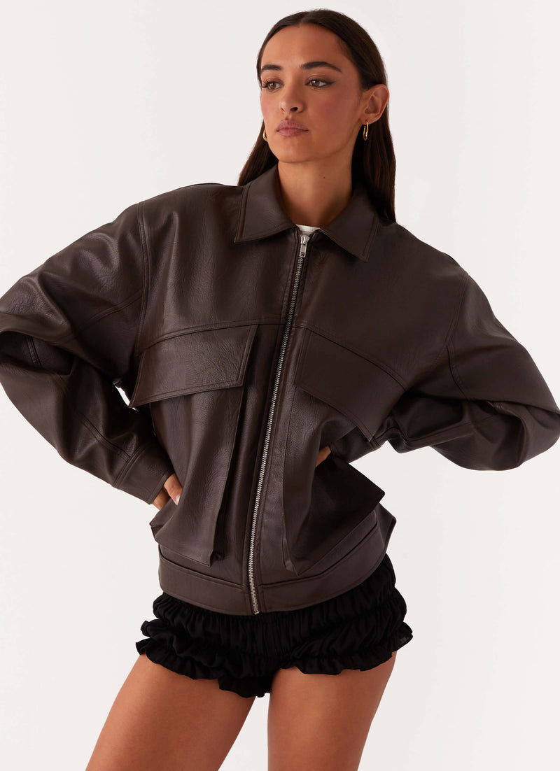 Lula Faux Leather Bomber Jacket Chocolate 4jpg