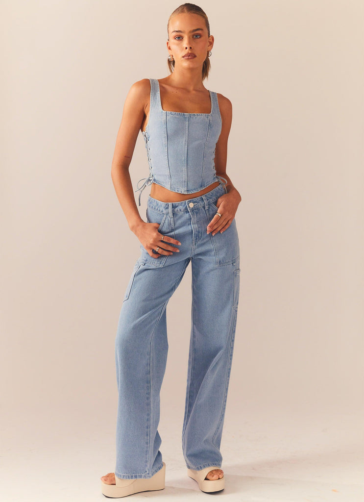 Giddy Up Denim Bustier Top - Subdued Blue - Peppermayo