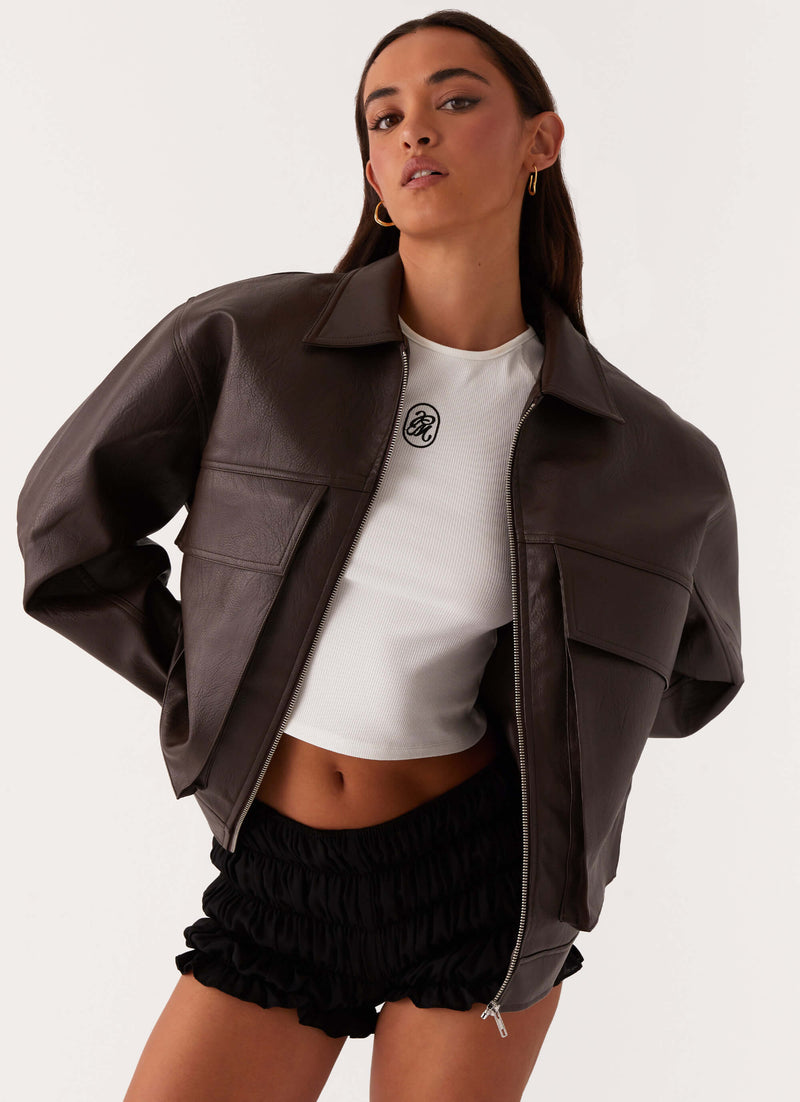 Lula Faux Leather Bomber Jacket Chocolate 6jpg