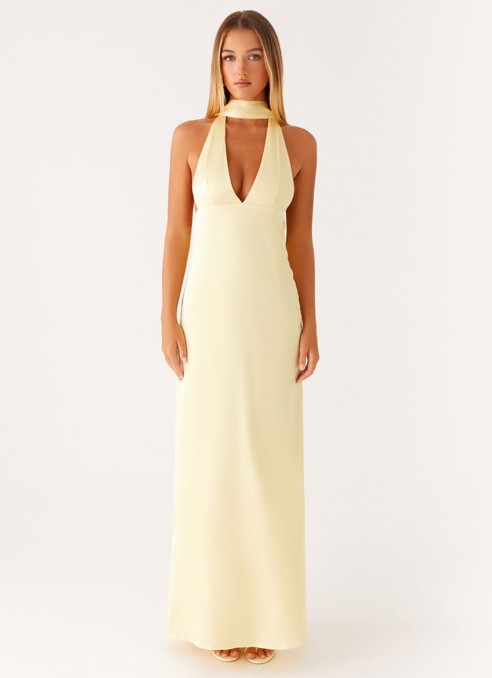 Alicia Satin Halter Maxi Dress - Yellow – Peppermayo UK