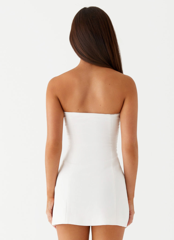Womens Allora Strapless Mini Dress in the colour White in front of a light grey background