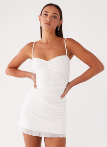 Womens Arden Mesh Mini Dress in the colour White in front of a light grey background