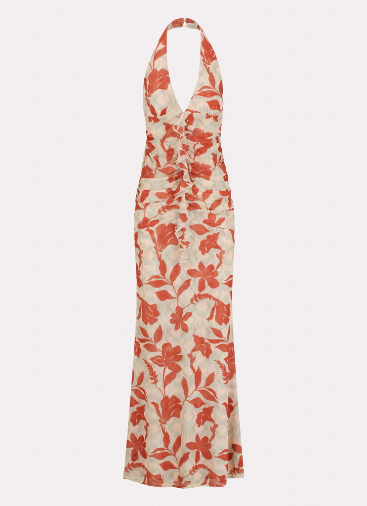 Womens Ardenia Halter Maxi Dress in the colour Red Green Floral in front of a light grey background