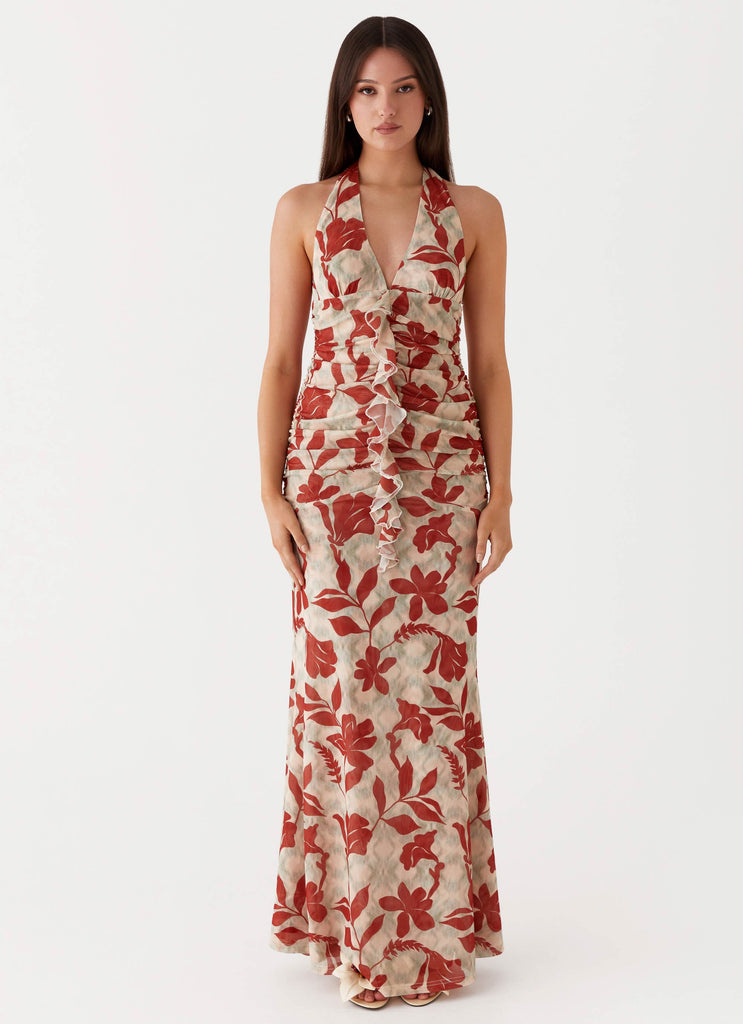 Womens Ardenia Halter Maxi Dress in the colour Red Green Floral in front of a light grey background