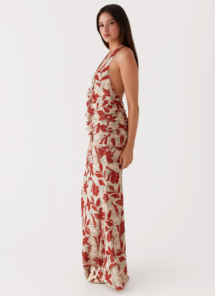 Womens Ardenia Halter Maxi Dress in the colour Red Green Floral in front of a light grey background