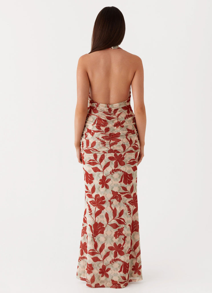 Womens Ardenia Halter Maxi Dress in the colour Red Green Floral in front of a light grey background