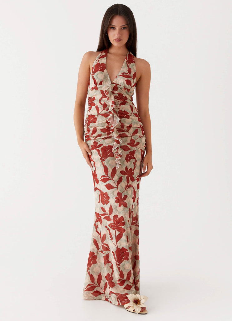 Womens Ardenia Halter Maxi Dress in the colour Red Green Floral in front of a light grey background