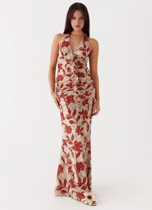 Womens Ardenia Halter Maxi Dress in the colour Red Green Floral in front of a light grey background