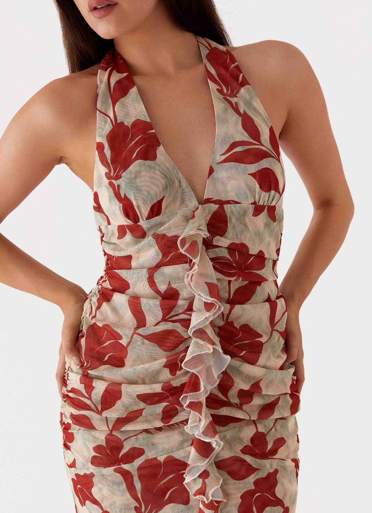 Womens Ardenia Halter Maxi Dress in the colour Red Green Floral in front of a light grey background