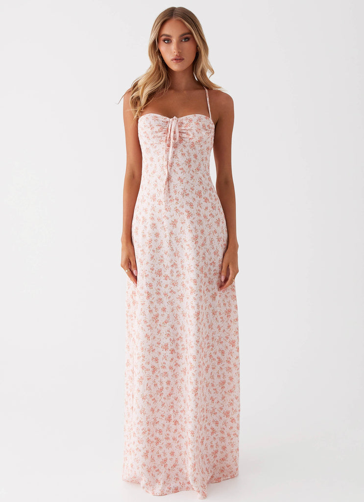 Womens Aveline Bustier Maxi Dress in the colour Pink Ditsy Floral in front of a light grey background