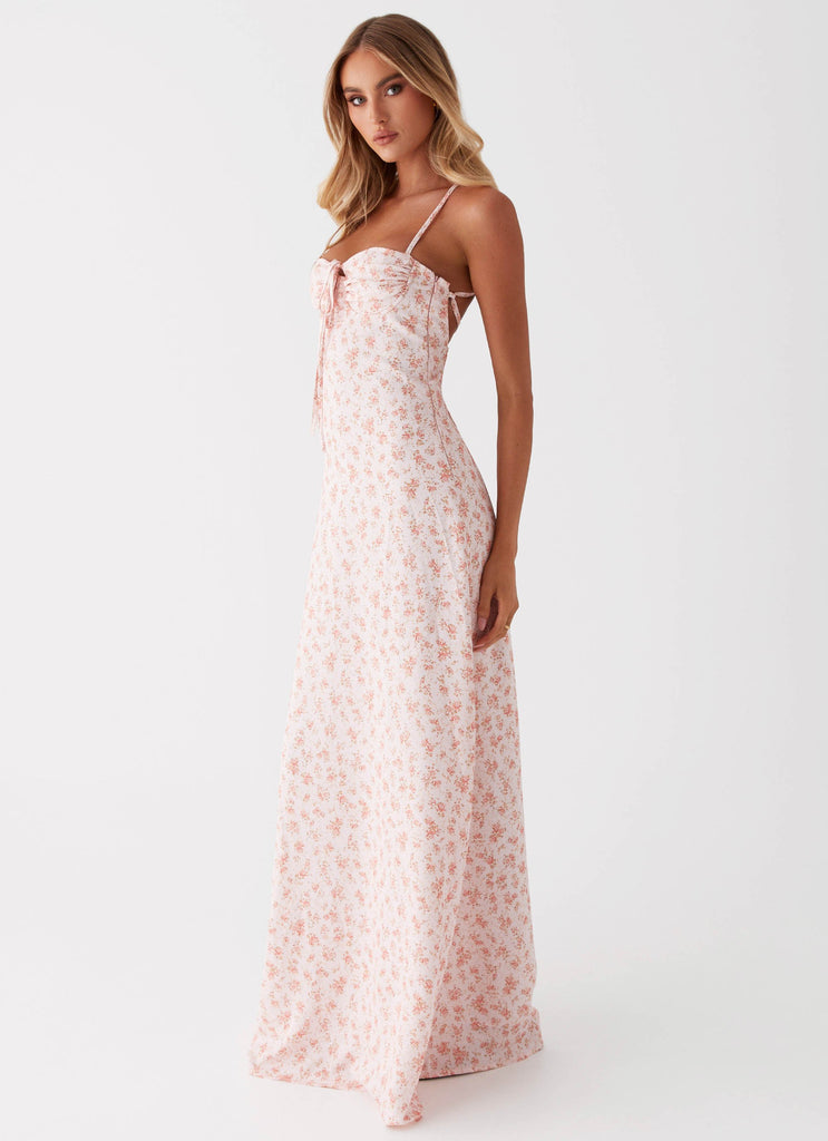 Womens Aveline Bustier Maxi Dress in the colour Pink Ditsy Floral in front of a light grey background