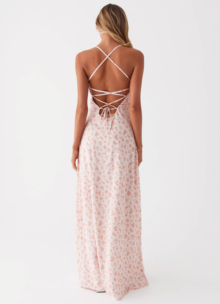 Womens Aveline Bustier Maxi Dress in the colour Pink Ditsy Floral in front of a light grey background