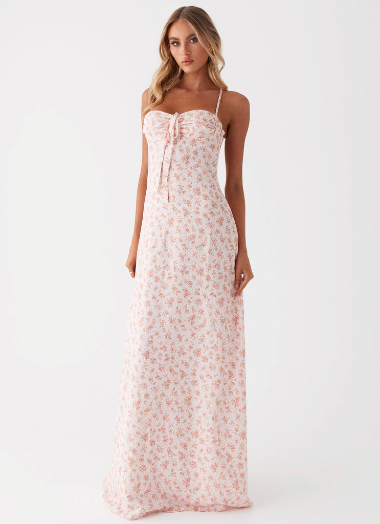 Womens Aveline Bustier Maxi Dress in the colour Pink Ditsy Floral in front of a light grey background