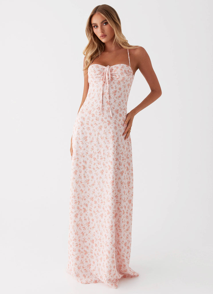 Womens Aveline Bustier Maxi Dress in the colour Pink Ditsy Floral in front of a light grey background
