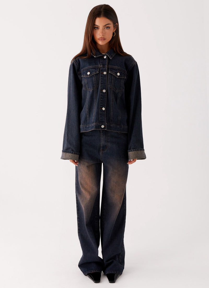 Back Again Oversized Denim Jacket - Brown Blue Acid Wash