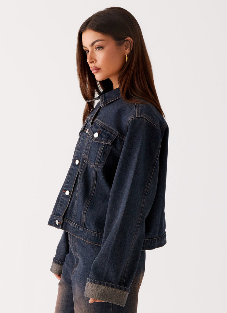 Back Again Oversized Denim Jacket - Brown Blue Acid Wash