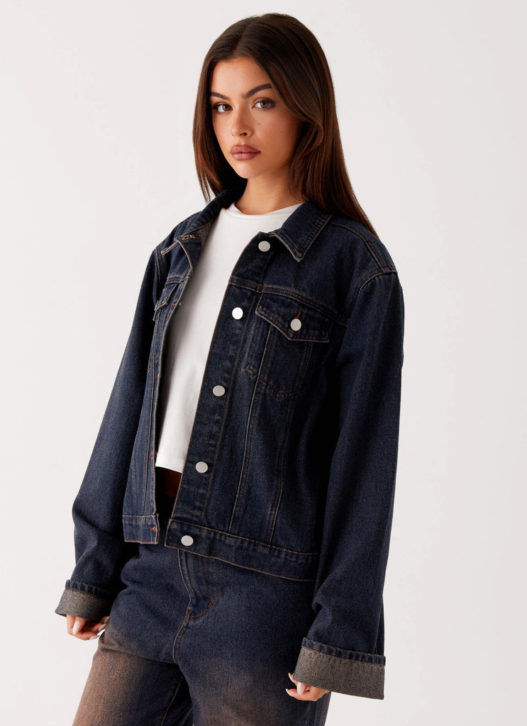 Back Again Oversized Denim Jacket - Brown Blue Acid Wash