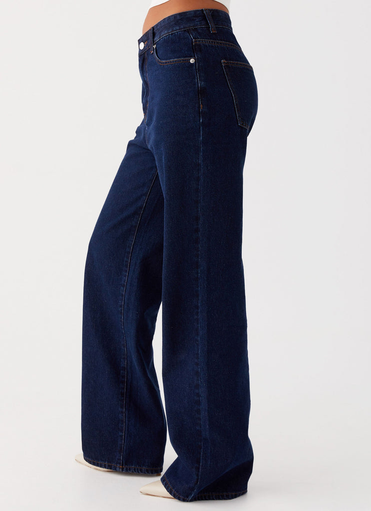 Womens Back Again Straight Leg Denim Jeans in the colour Blue in front of a light grey background