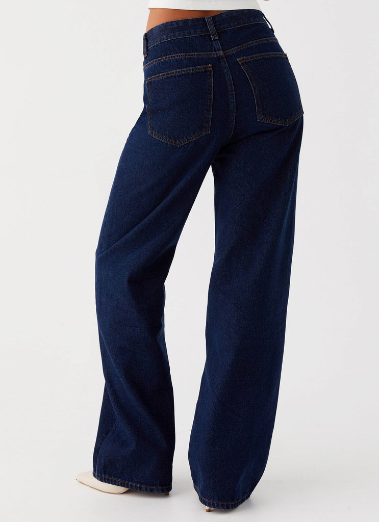 Womens Back Again Straight Leg Denim Jeans in the colour Blue in front of a light grey background