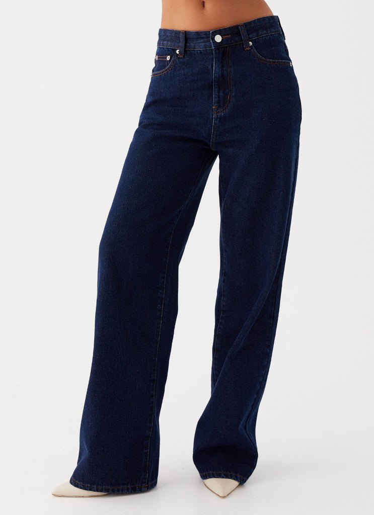 Womens Back Again Straight Leg Denim Jeans in the colour Blue in front of a light grey background
