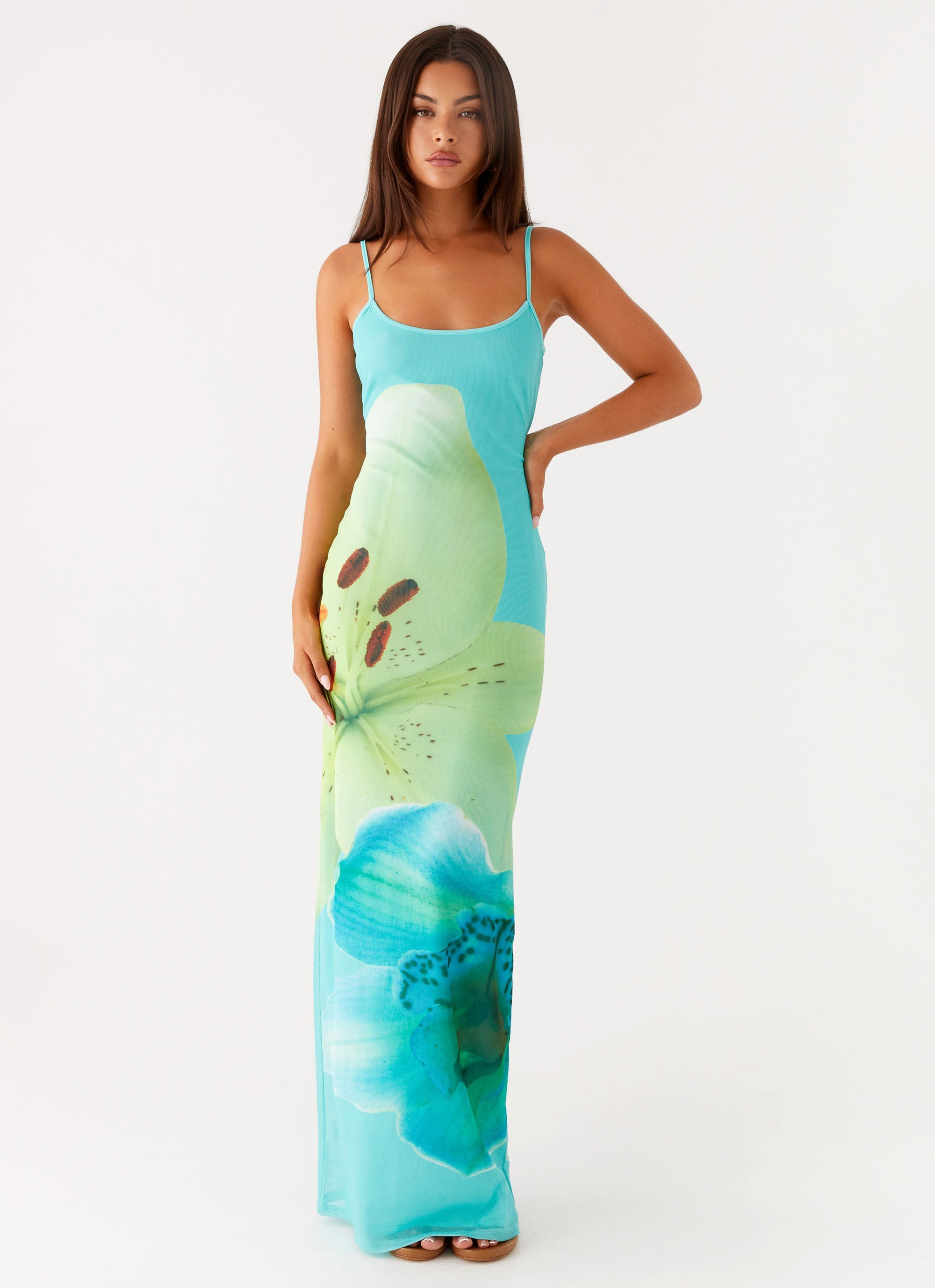 Bad News Mesh Maxi Dress - Turquoise Floral – Peppermayo UK
