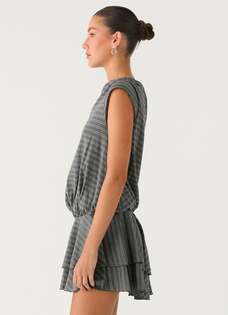 Bambola Wide Neck Mini Dress - Grey Marble Stripe