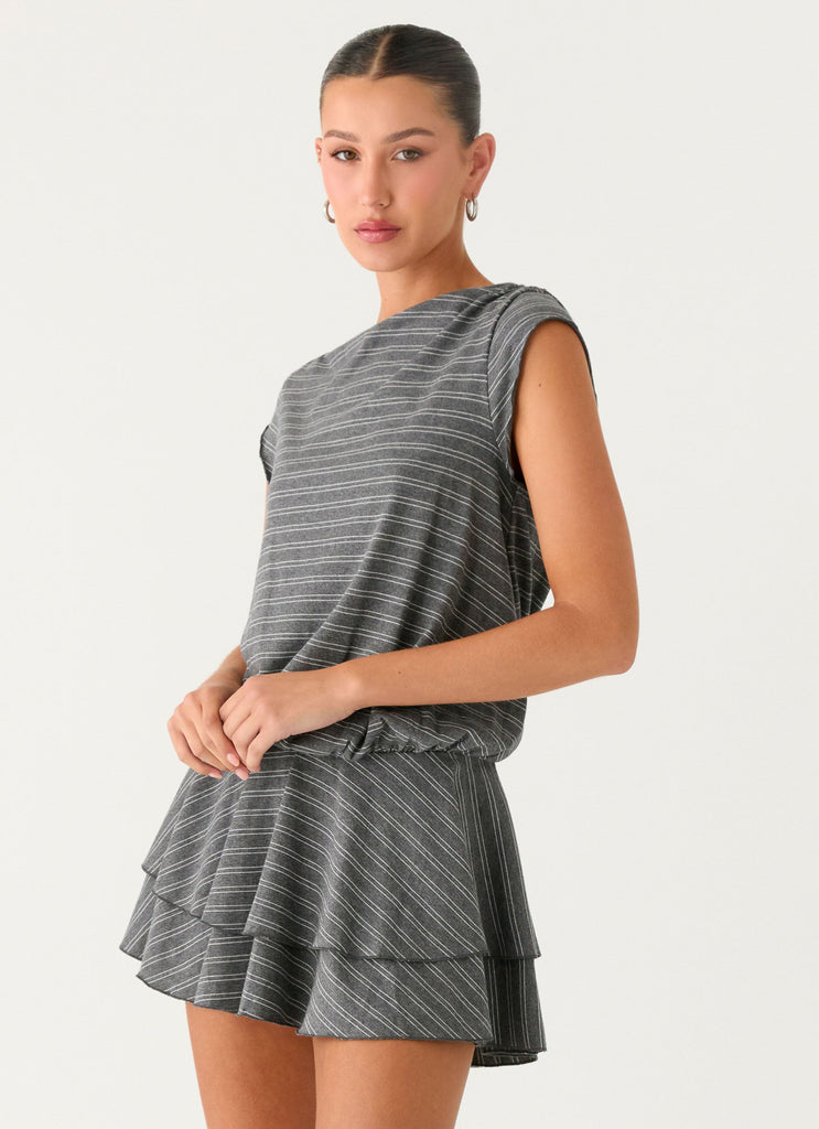 Bambola Wide Neck Mini Dress - Grey Marble Stripe