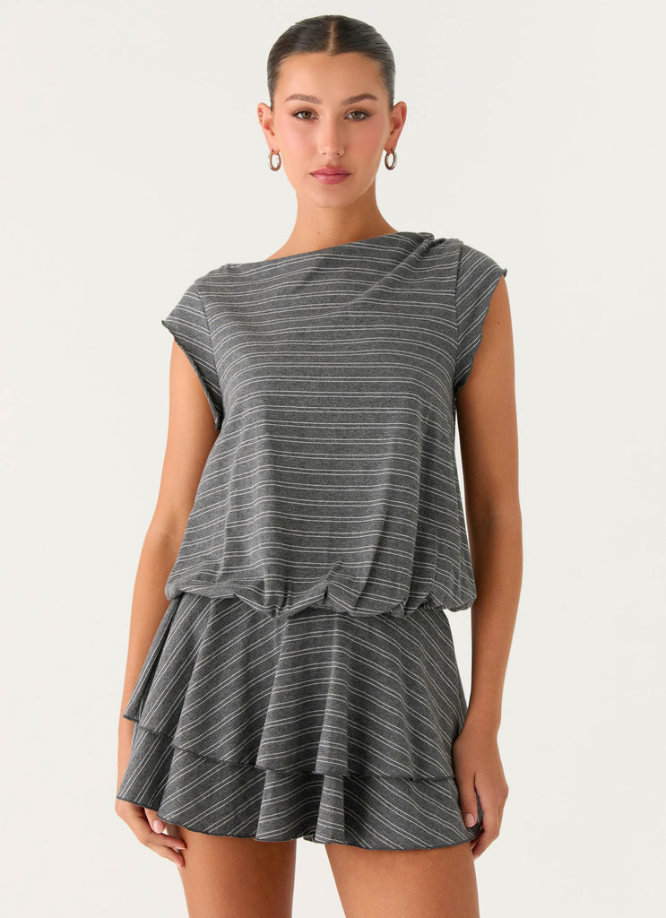 Bambola Wide Neck Mini Dress - Grey Marble Stripe