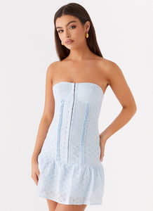 Womens Bloomsbury Bustier Mini Dress in the colour Blue in front of a light grey background