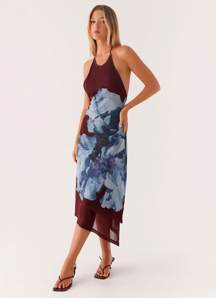 Brinley Halterneck Midi Dress - Maroon Print Peppermayo UK Brinley Halterneck Midi Dress - Maroon Print Peppermayo UK