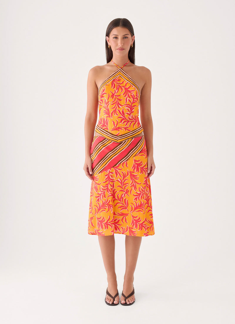 Cabana Crush Midi Skirt - Saffron Palm Print