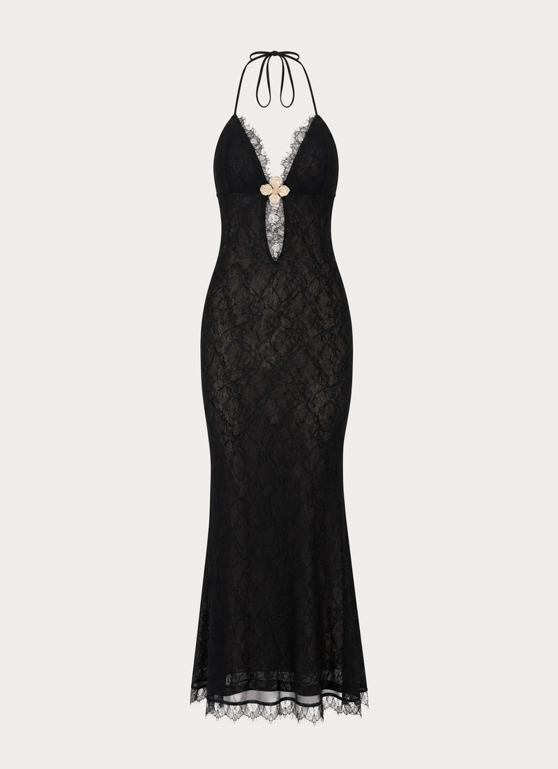 Calyssia Lace Halter Long Maxi Dress - Black