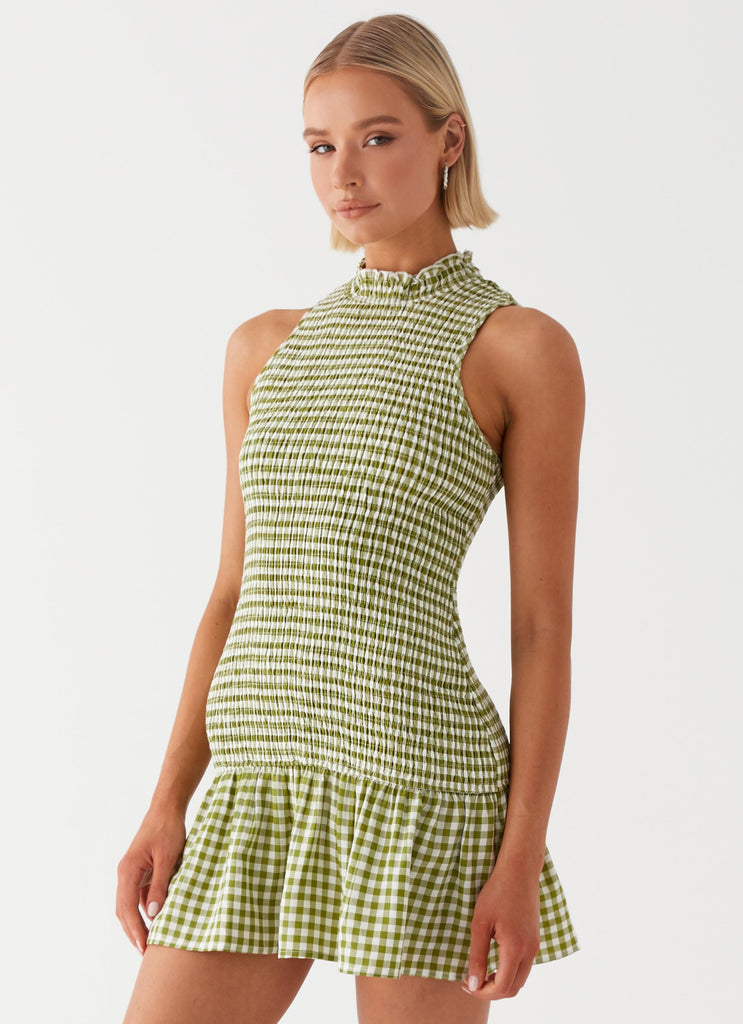 Womens Cassie shirred Mini Dress in the colour Khaki Gingham in front of a light grey background