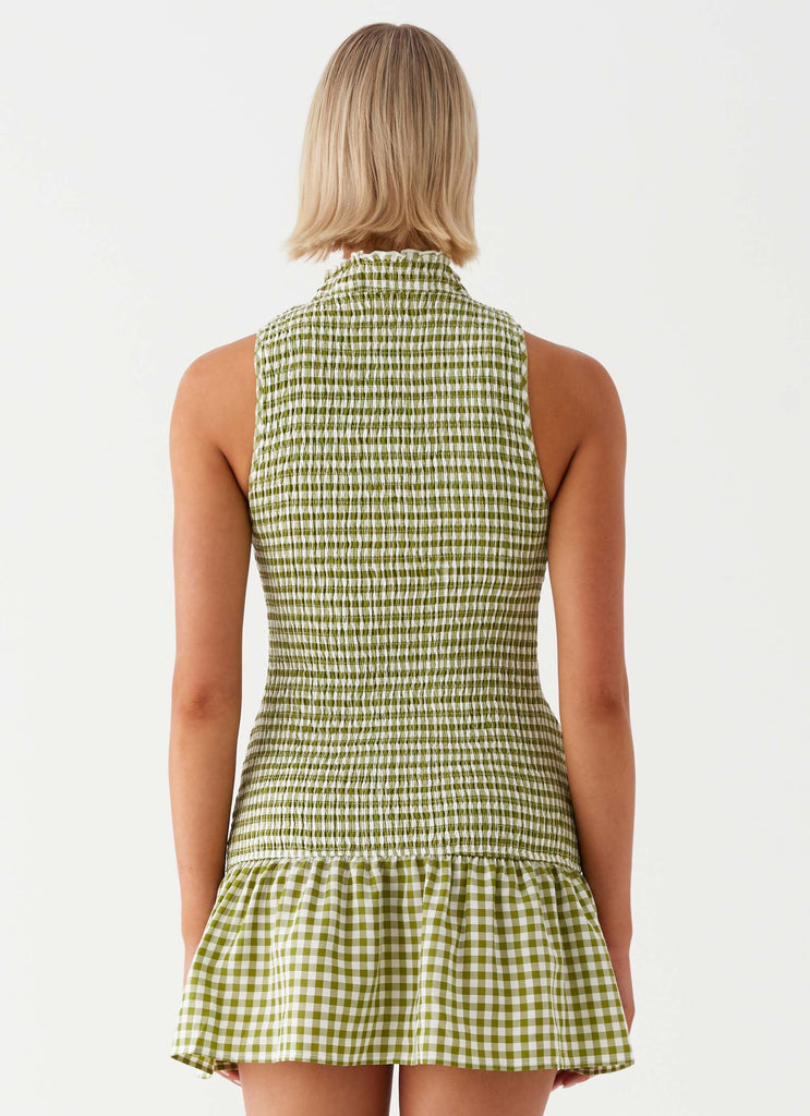 Womens Cassie shirred Mini Dress in the colour Khaki Gingham in front of a light grey background