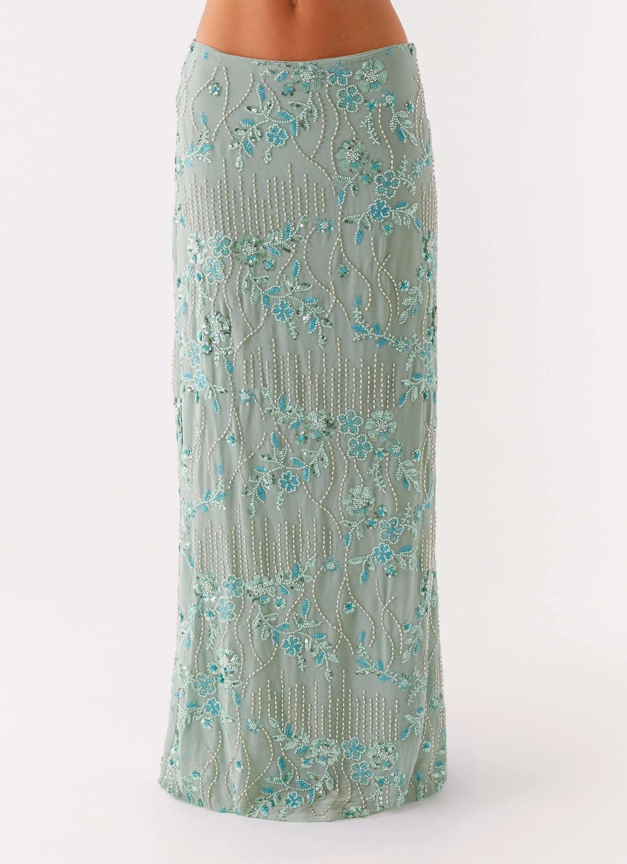 Corinna Low Rise Sequin Maxi Skirt Mint Peppermayo UK corinna-low-rise-sequin-maxi-skirt-mint-peppermayo-uk
